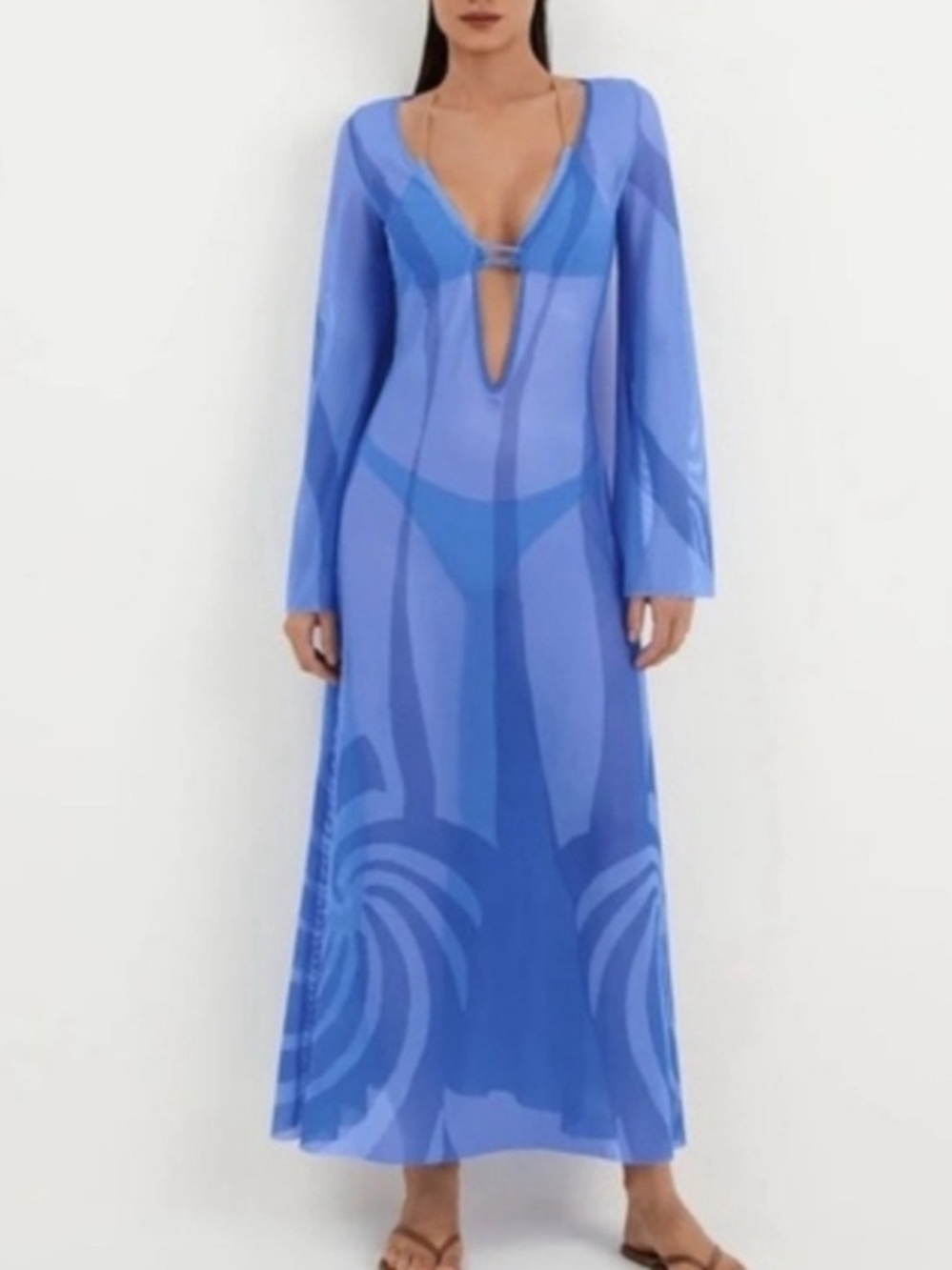CAROLINE CONSTAS Blue Long Sleeve Sheer Swim Cover Up Maxi Dress Small S NEW NWT